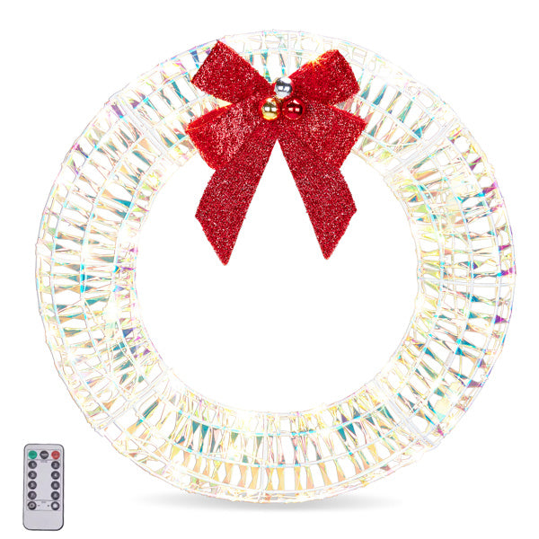 24” Pre-Lit Iridescent Christmas Wreath with Red Bow