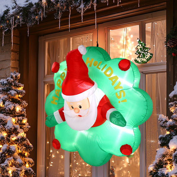 4FT Inflatable Santa Claus Window Wreath with LED Lights